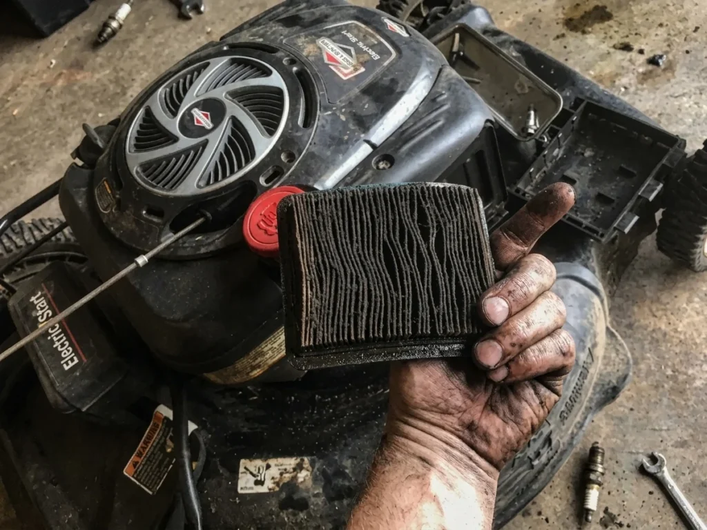 Close-up of a dirty paper lawn mower air filter next to a clean replacement filter during spring maintenance